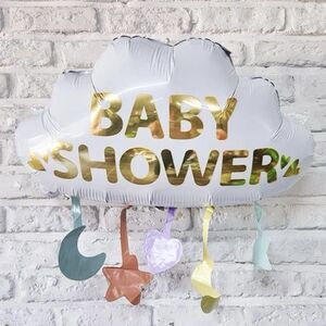 24” Baby Shower Cloud Balloon with Gold Lettering & Pastel Hanging Accents